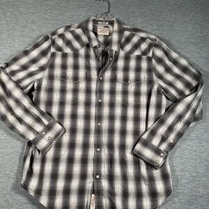 Lucky Brand Shirt‎ Mens Large Gray Plaid Western Snap Front Classic Fit Cotton